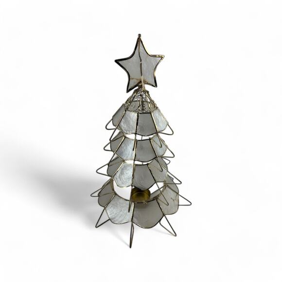 Vintage Capiz Shell Christmas Tree Candle Holder with Brass Frame Star Topper - Picture 13 of 16